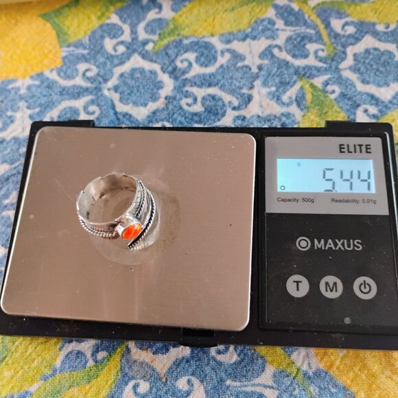 Signed MJ Sterling Silver Orange Spiny Oyster Shell Feather Adjustable Ring - Picture 8 of 8